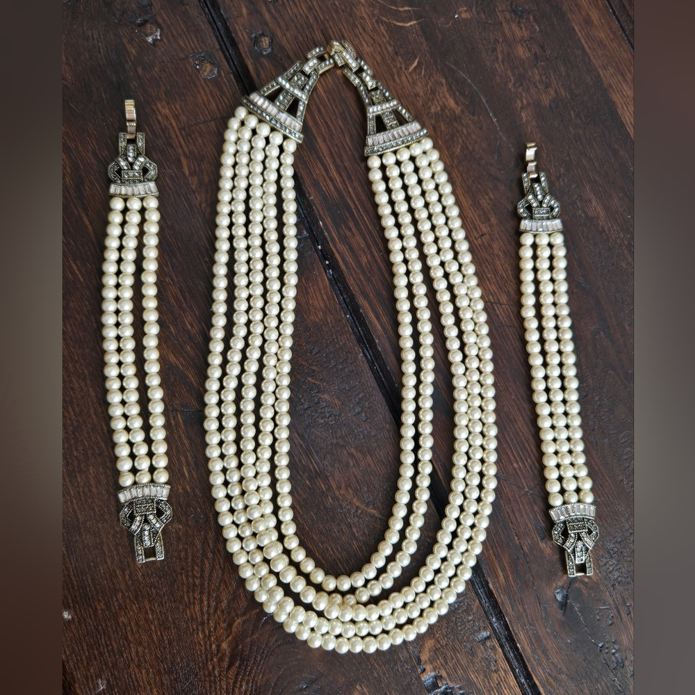 Heidi Daus 5 Strand Faux Pearl Art Deco Statement 2 In 1 Necklace & Bracelet Set